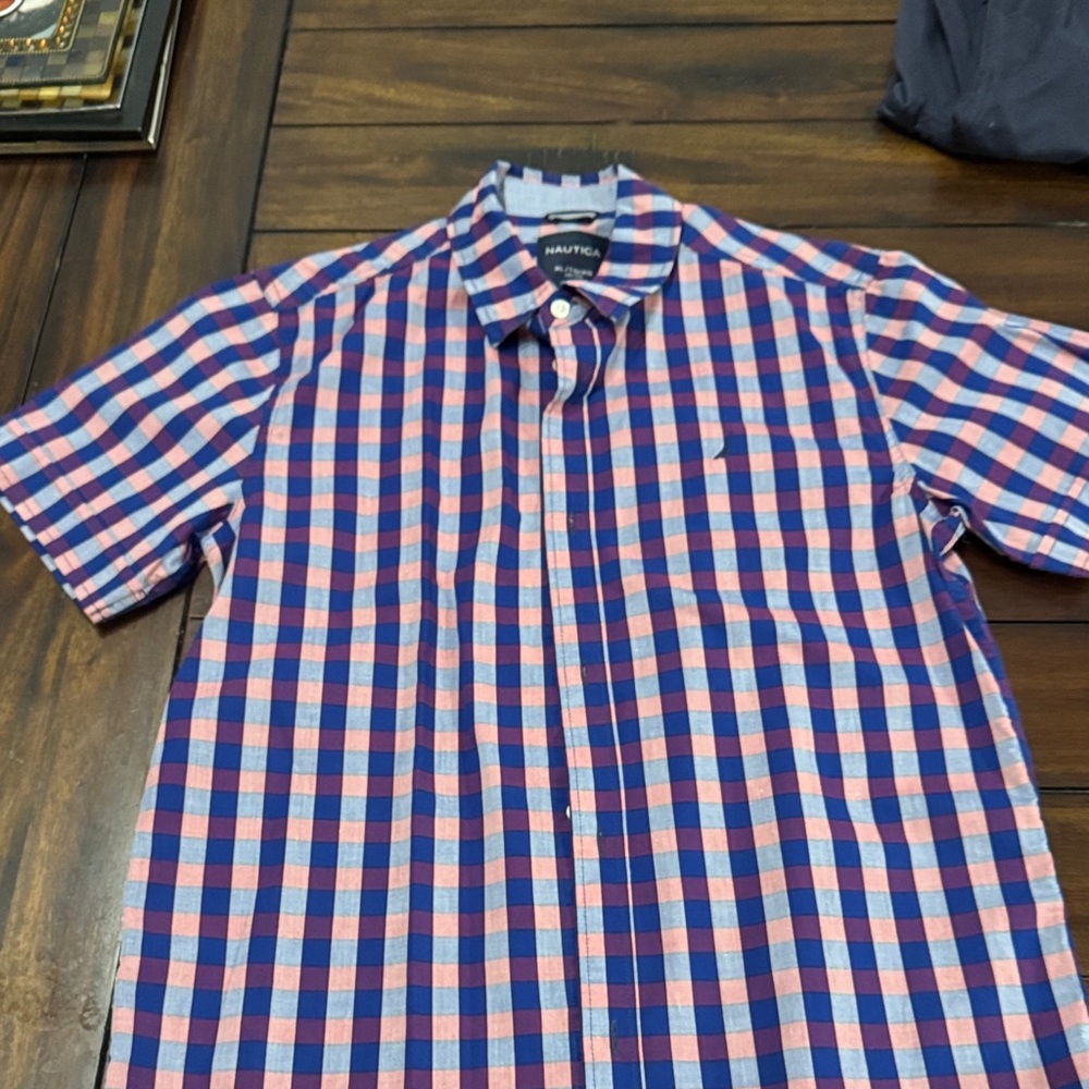 Nautica Boy’s Casual Blue and Pink Plaid Shirt